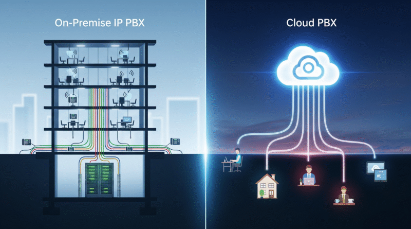 A split image comparing a rigid on-premise IP PBX system to a flexible cloud IP PBX connecting a hybrid workforce.